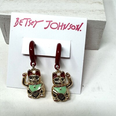 Betsey Johnson Lucky Cat Earrings Goldtone Hoops Enameled NWT