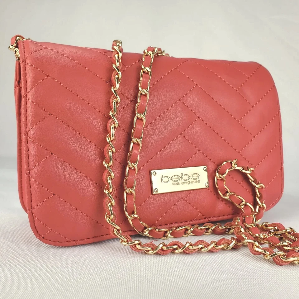 Bebe Sophia Crossbody Quilted Handbag Chain Strap Purse Shoulder Cherry Red  - Image 3 of 4