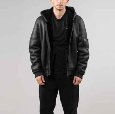 Mens Classic Black Searling Inside Black Faux Fur Hooded Genuine Lamb Jacket