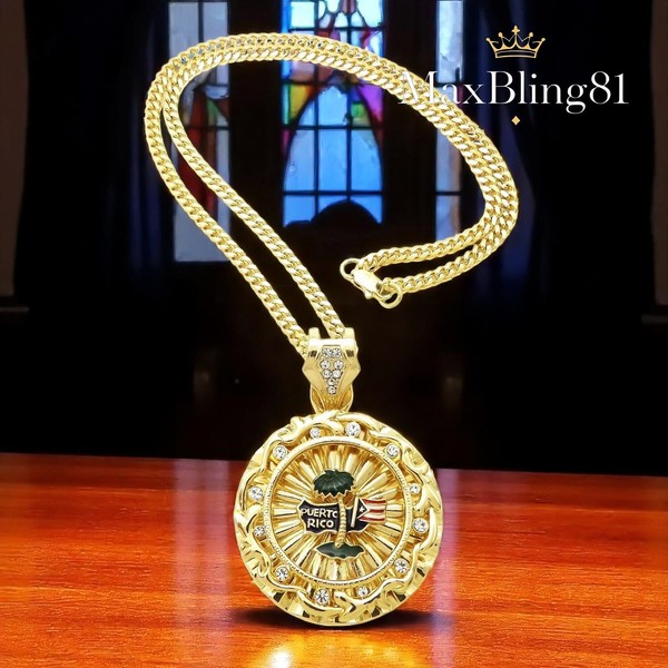 Alternate view of Puerto Rico Flag Gold Plated Medal Pendant 4mm Cuban Chain Necklace