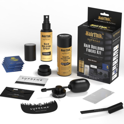 Supreme Trimmer Hair Building Fibers & Holding Spray 9-in-1 Kit | 25G Dark Brown