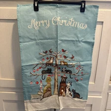 Ulster Weavers NWT Cat Dog Christmas Tea Towel. 100% Linen. Snow, Tree, Blue