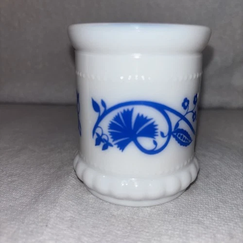 Vintage Hazel  Atlas  Milk Glass Jar Votive Or Toothpick  Holder Blue and White