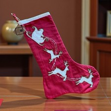 Christmas Stocking Santa on Sled Sleigh Reindeer Embroidered Red Vintage Inspire