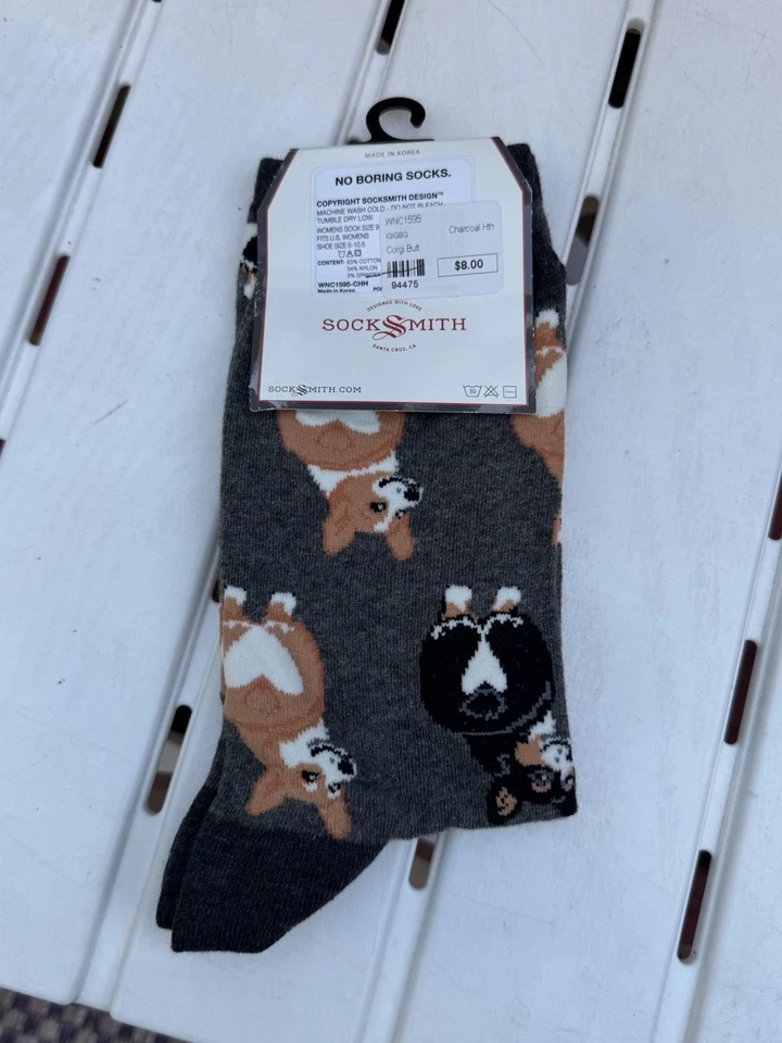 Meias femininas Socksmith Crew Corgi coração bunda filhote cachorro animal cinza calçado NOVO - Imagem 2 de 2