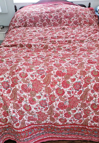 Pottery Barn King Reversible Quilt Bedspread Floral Red Green Turquoise 92x108