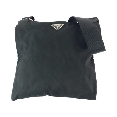 Authentic PRADA Tessuto Triangle with logo Shoulder Bag Sacoche Black Nylon