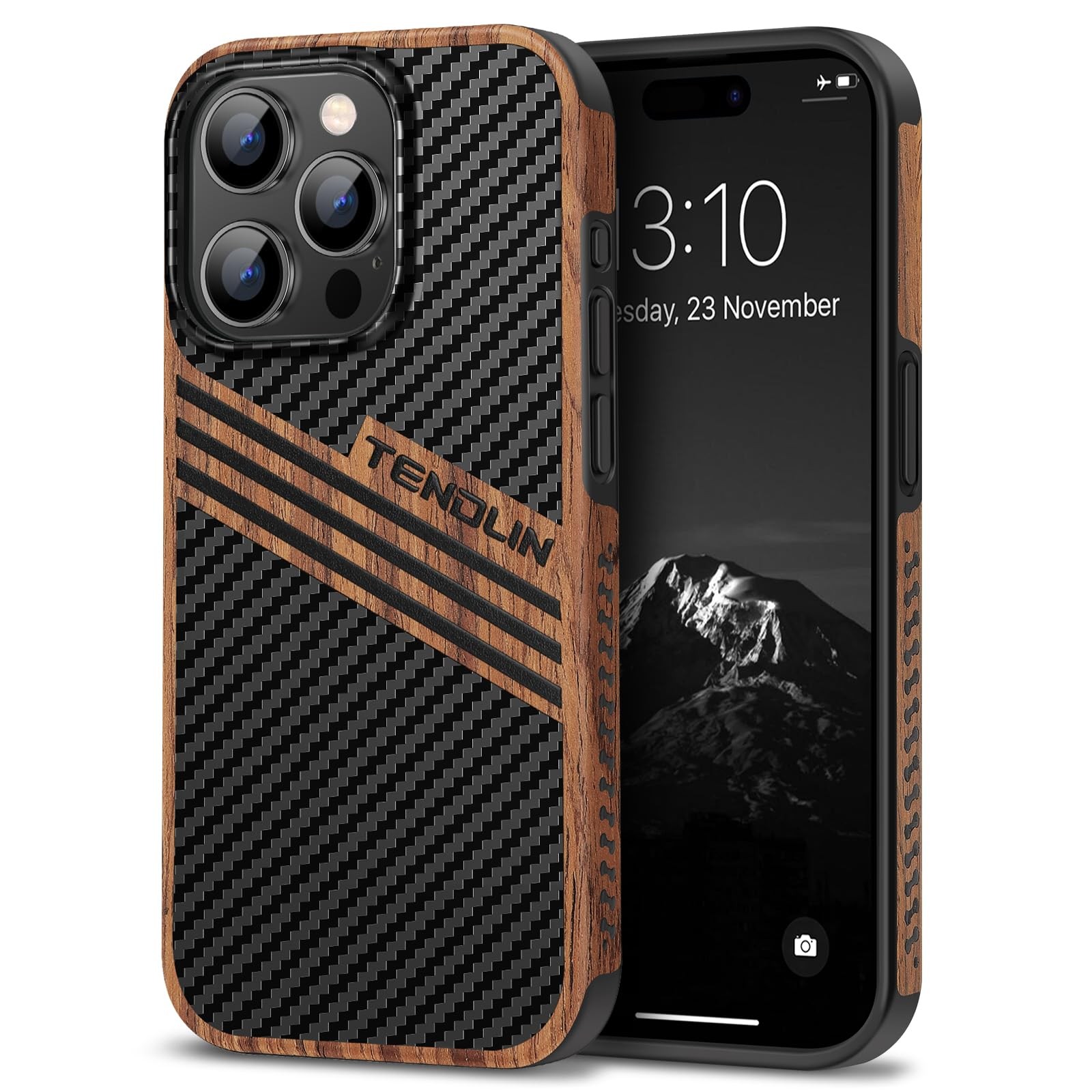 Coque iPhone 15 Pro anti-rayures en bois et carbone premium