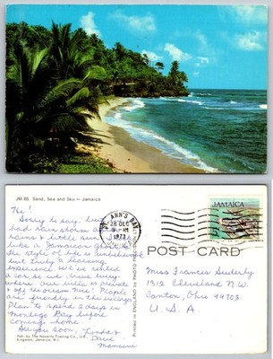 1973 Jamaica Ann's Bay Beach Palm Trees Sand Sea Sky Postcard Posted