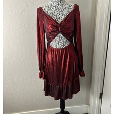 Zaful Bodycon Dress Twist Front Womens Large Metallic Red Clubwear Long Sleeve