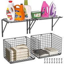 2 Pack Laundry Room Shelves Wire Baskets With 8 Hooks Over Washer And Dryer Shel
