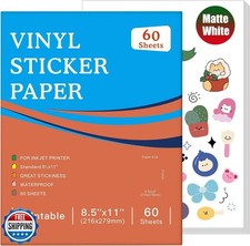 Premium Printable Vinyl Inkjet Stickers -60 Sheets Matte White 8.5x11 Inch St