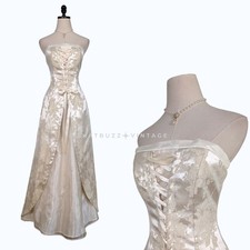Vintage Prom Dress Maxi Gown XS Cream Corset Princess Renaissance Fantasy 90s