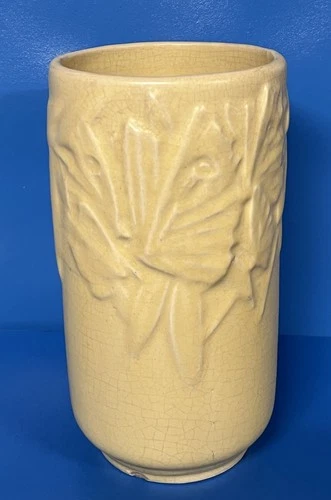 VTG Unmarked Nelson McCoy?? Pottery Yellow Butterfly 8” Cylinder Vase 1940's?