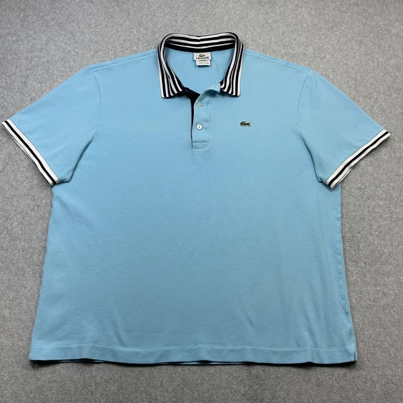 Lacoste Polo Shirt Men XXL Size 7 Blue Stripe Collar Croc Logo Short Sleeve