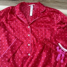 Victoria  s Secret NWT Small Pink Polka Dot Satin Pajama Set Button Up LongSleeve