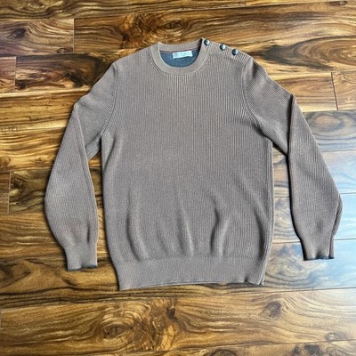 Brunello Cucinelli Mens Brown Ribbed Cotton Button Shoulder Sweater Made Italy