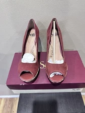 Sofft- Olivia Wedge In Terracotta Suede Peep Toe- Floral Cork Wedge