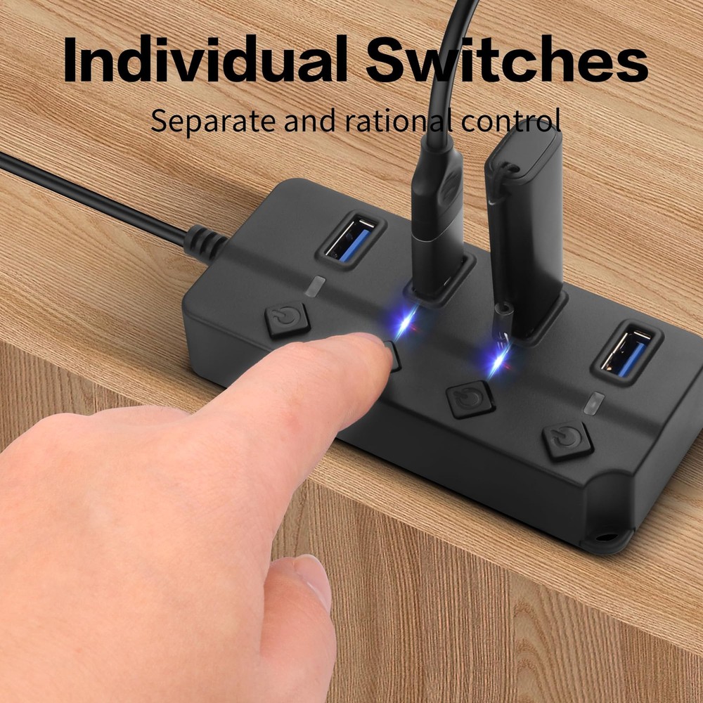 90 Degree USB 2.0 Hub Splitter by YACSEJAO with LED Indicators for Multiple Devices