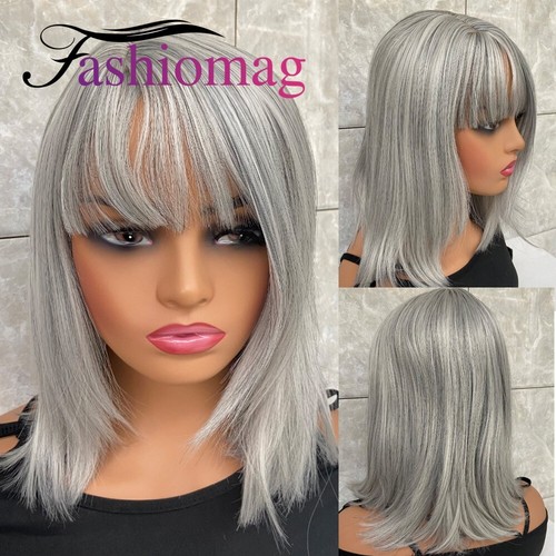 Medium Straight Silver Gray Mix Synthetic Hair Wig Women Soft Natural With Bangs - Picture 1 of 13