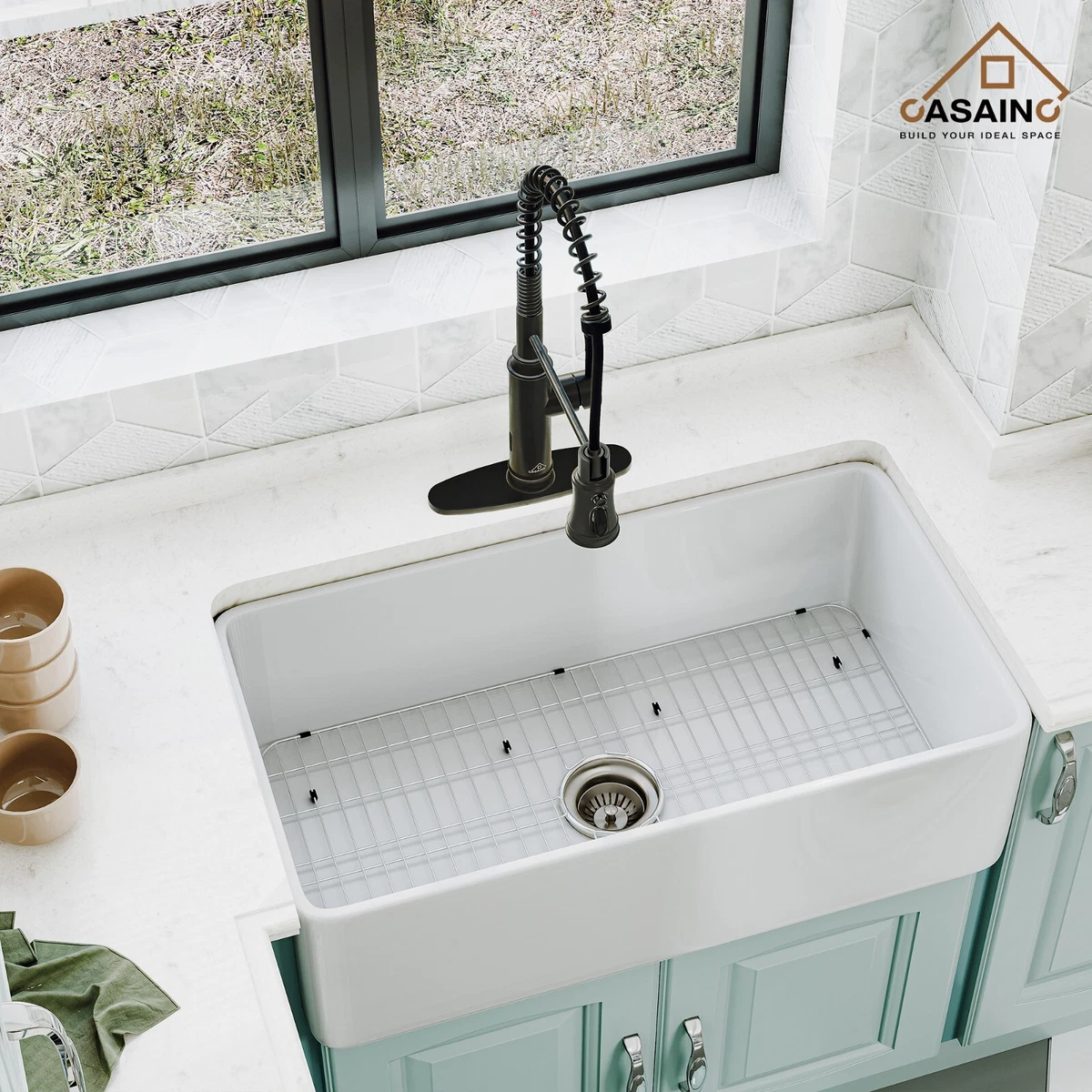 CASAINC 30 33 36 inch Kitchen Sink Fireclay Apron Front Farmhouse w Grid Drainer