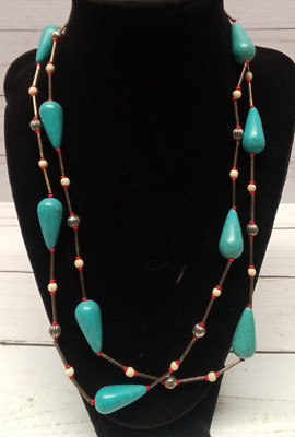 unsigned Faux Turquois Glass Beaded Toggle Clasp 20.+ Drop Necklace not cleaned