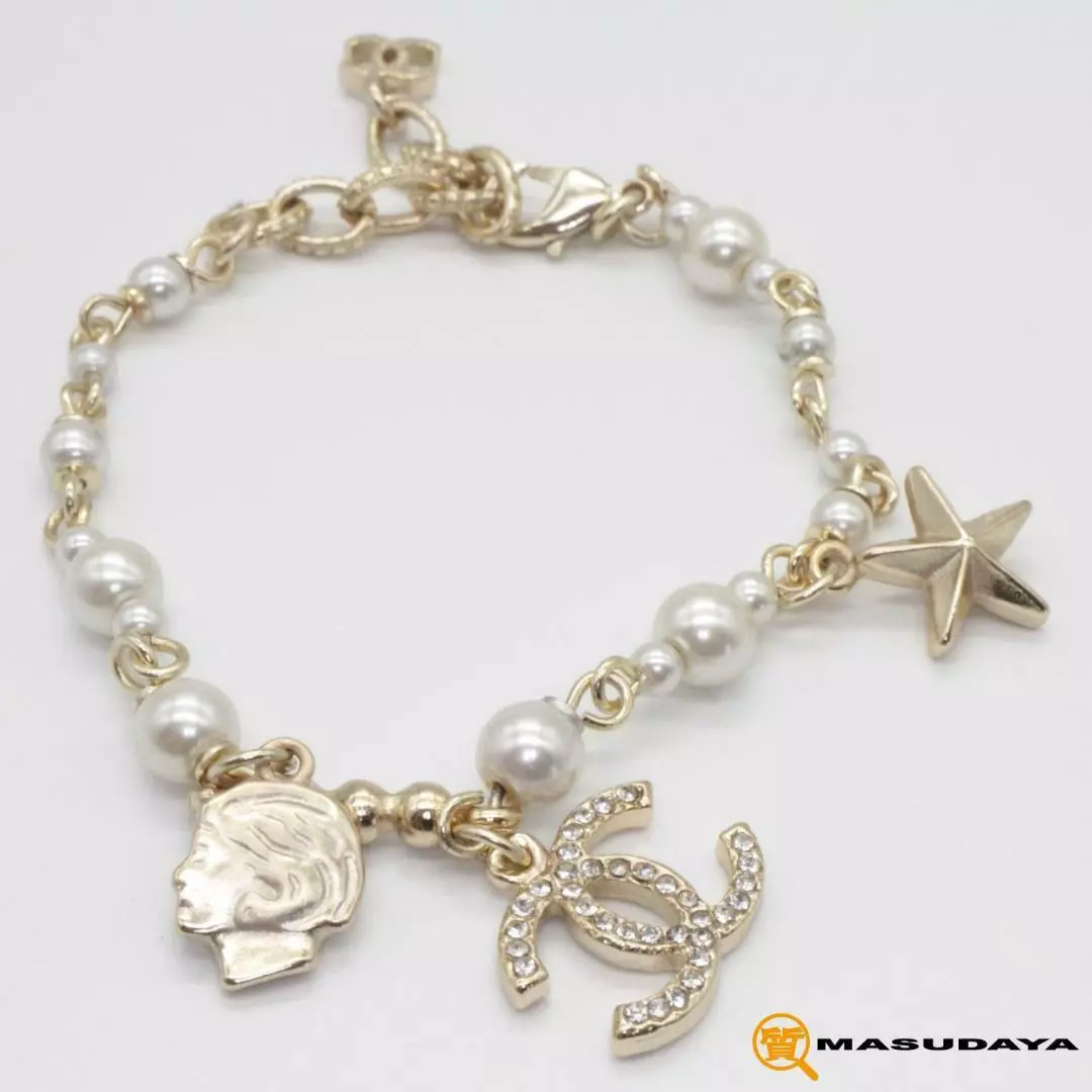 Auth CHANEL Rhinestone CC Logo Star COCO Charm Pearl Chain Bracelet Gold  Used