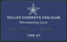 1986-87  BILL COWBOY LAMZA JR. DALLAS COWBOYS FAN CLUB PRESIDENT MEMBERSHIP CARD