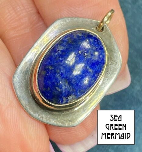 14k Yellow Gold & 925 Lapis Lazuli "Dog Tag" Pendant. Old Pawn - Picture 1 of 10