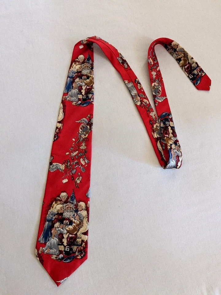 Vintage Dillards Santa With Children Toys Men's Christmas Tie Silk Red - Image 2 of 4
