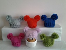 TEDDY BEAR DESIGN HAND KNITTED EGG COSY/COSIES  SMALL HATS.DOUBLE BOBBLE.