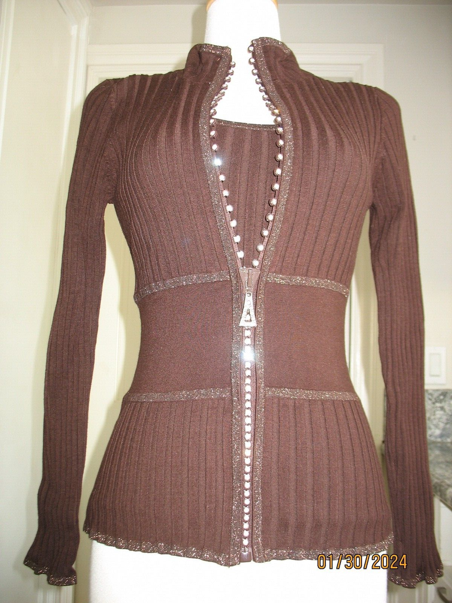 BELLDINI DEEP BROWN RIB KNIT RHINESTONE ZIPPER METALLIC TWIN