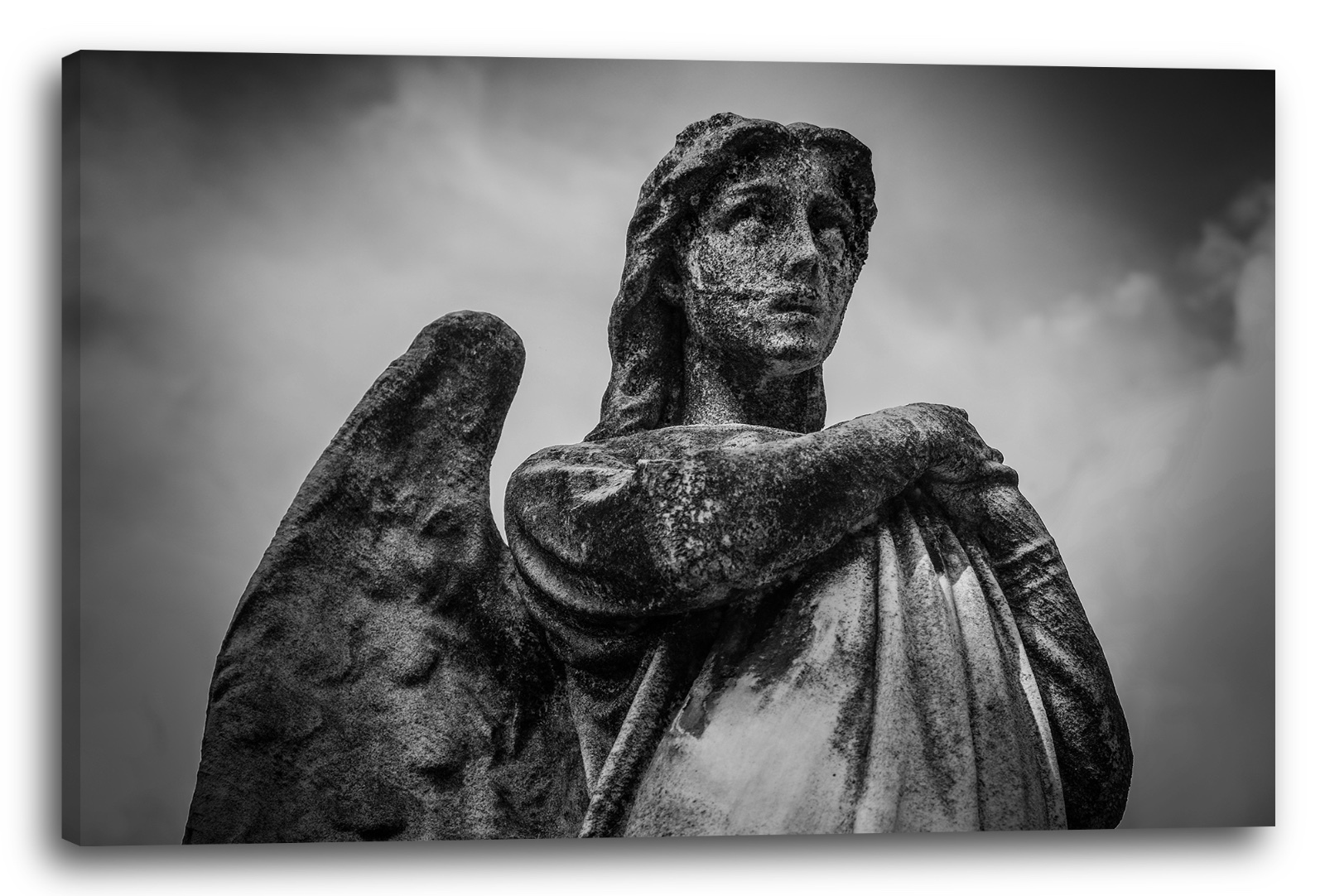 Lein-Wand-Bild schönes Wandbild Engel Statue aus Stein schwarz-weiß Foto Skulpt
