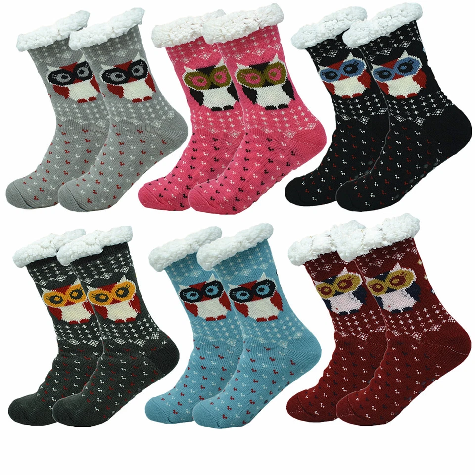 Womens Sherpa Thermal Fleece-lined Cozy Fuzzy Non-Skid Owl Slipper Socks LOT - Image 2 of 4