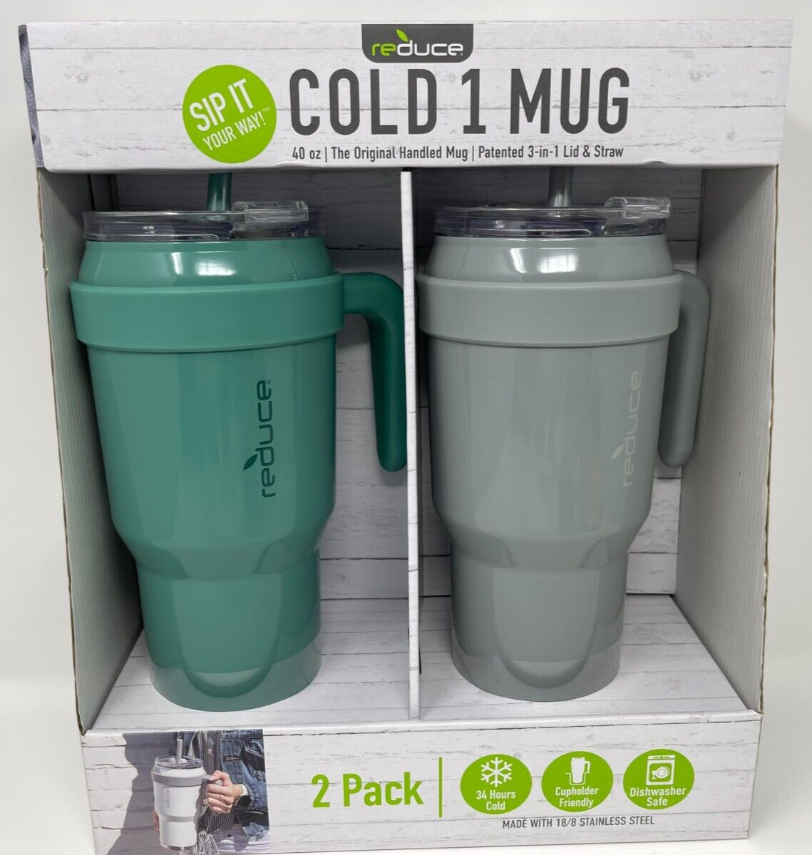 2x Reduce Cold 1 Mug 40oz Stainless Steel Tumbler w Handle 3-in-1 Lid Green  Gray