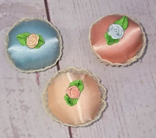 Lot of 3 Mini Cupcake Pin Cushions Vtg Pastel 1.5"