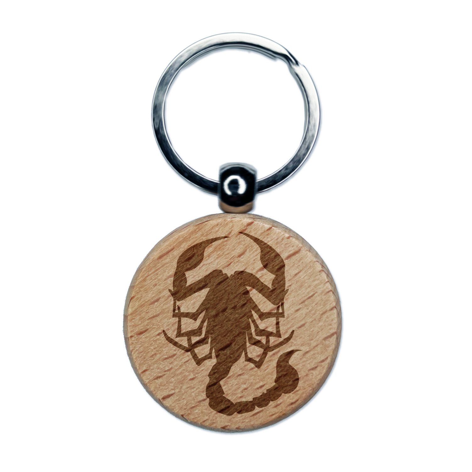 Scorpion Silhouette Engraved Wood Round Keychain Tag Charm