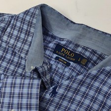 Ralph Lauren Shirt Men Large Easy Care Blue Plaid Button Up Poplin Tattersall