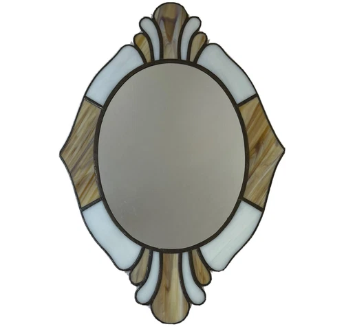 Vintage 90s Hand Made Tiffany Style Stained Glass Wall Mirror Deco Nouveau