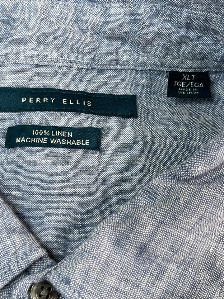 PERRY ELLIS Mens XLT Shirt Linen Light Blue Short Sleeve XL Tall - Image 2 of 4