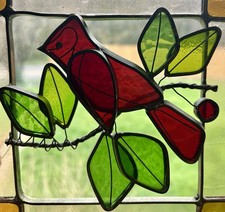 Red Cardinal Stained Glass Suncatcher Wood Frame 8x8 Handmade Vintage 1970s