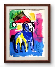 Original Art Doggy Santa 14x11  Colorful Modern Art Christmas Painting on Paper