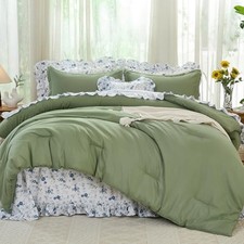 Queen Comforter Set, 8 Pieces Farmhouse Bed in a Bag Queen 90"x90" Green