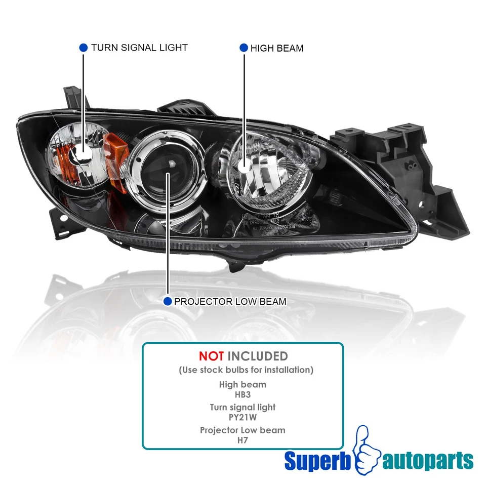 For 2004-2009 Mazda 3 Sedan Shiny Black Projector Headlights Replacement L+R Foto 4 de 4