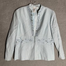 Coldwater Creek LINEN Blazer Jacket Women 14 Light Blue Embellished Career Forma