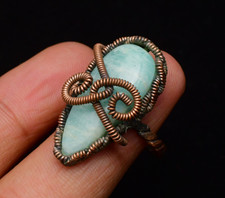 Amazonite Gemstone Copper Wire Wrapped Handmade Jewelry Ring Size 7