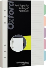 Oxford A5 Refill Paper, 6 Ring Lined Paper with Pastel Binder Dividers, 5 Tabs,