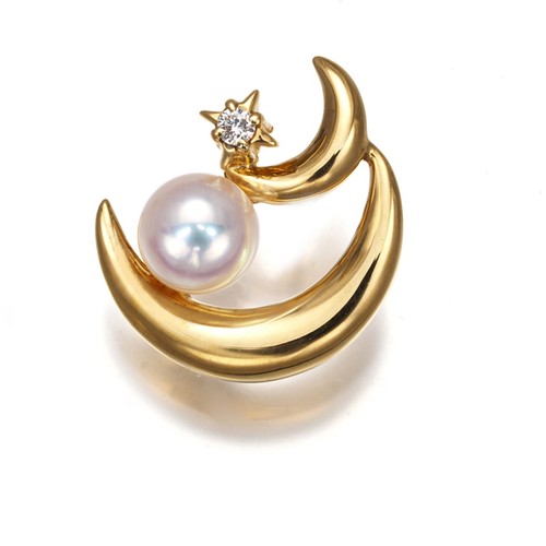 Auth Mikimoto Brooch Akoya Pearl 5.4mm Diamond Moon Pin 18K 750 Yellow Gold