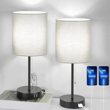 Table Lamp Set of 2 with USB Ports and AC Outlet Grey Bedside Nightstand Lamp