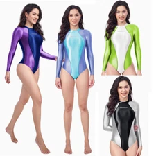 AMORESY Women Sexy Swimwear Glossy Long Sleeve One Piece Zipper Swimsuit Leotard